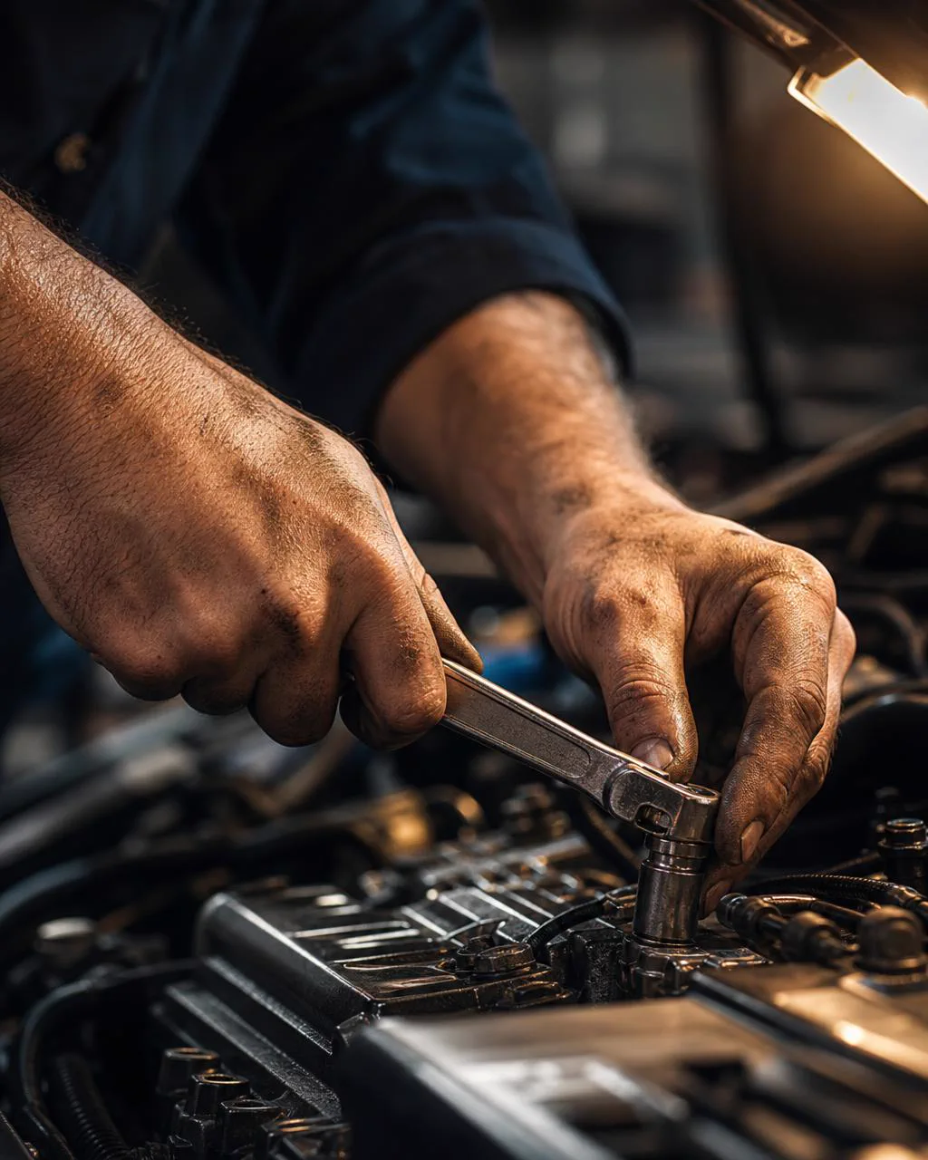 Mecânico a trabalhar no motor de uma viatura, com luz e ferramentas de oficina